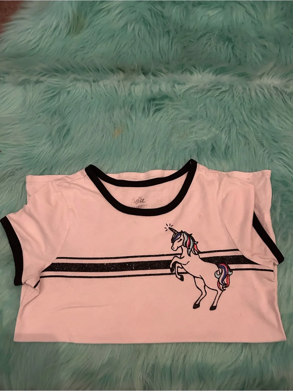 Justice White Ringer Tee with Black Trim and Unicorn Patch